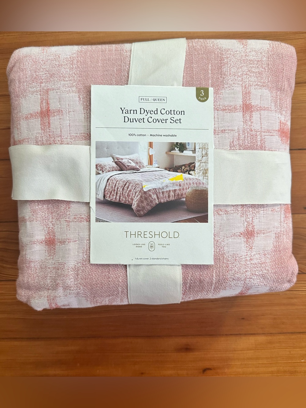 Target Threshold Pink Yarn-Dyed Cotton Duvet Cover Set Queen/Full New With Tags